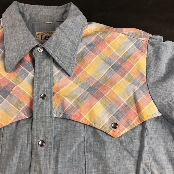 Vintage 70s 80s Lee Western Made in USA Chambray Pearl Snap VTG Shirt Size Large - Picture 3 of 10